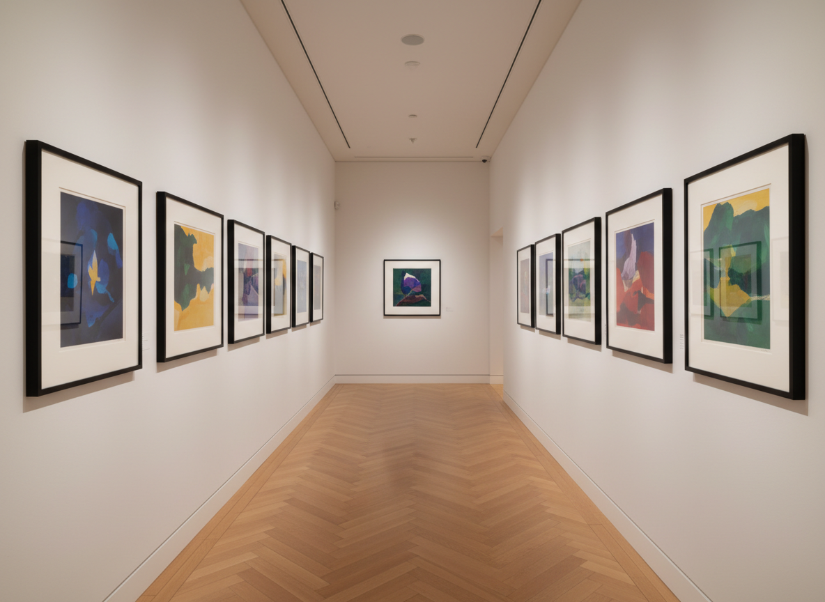 A series of framed artworks displayed along a long, narrow hallway with smooth, off-white walls and warm, herringbone wood flooring. Each frame is slim, matte black with generous white matting, showcasing a variety of refined abstract and landscape pieces in muted jewel tones. Concealed ceiling lights wash the walls with soft, even illumination, while a subtle glow at floor level adds modern elegance. The camera is positioned at one end of the corridor, using a vanishing-point composition that draws the eye along the line of art. Photographic realism, with crisp focus throughout, creates a calm, high-end gallery atmosphere perfect for an online portfolio’s exhibition or collections page.
