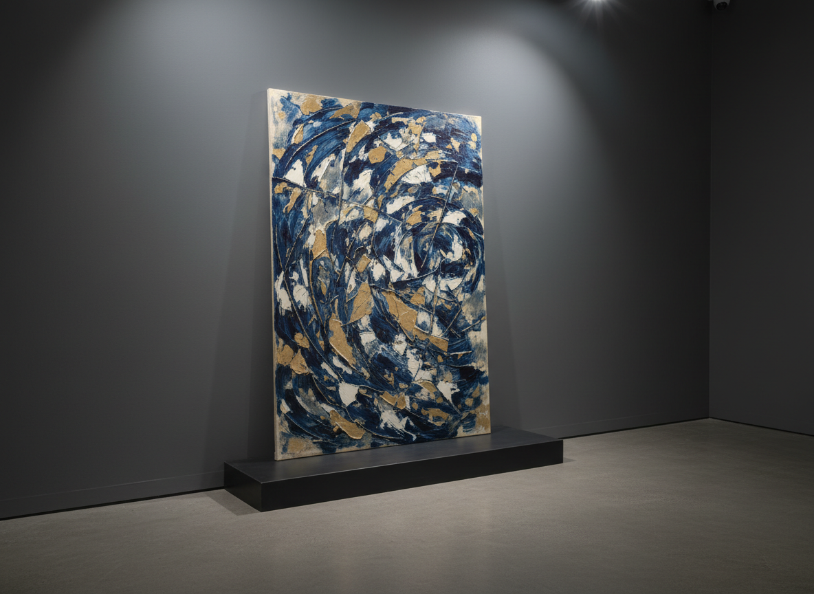 A finished abstract painting on stretched linen canvas leaning against a charcoal-gray gallery wall, its surface alive with layered textures of deep ultramarine, muted gold, and smoky ivory, with delicate scratches and impasto ridges catching the light. The painting is centered on a low, matte-black plinth in an otherwise empty, polished concrete room. Directional gallery spotlights from above create crisp yet refined pools of light, emphasizing the artwork and casting a soft, elongated shadow behind it. Shot from a slightly low, three-quarter angle in photographic realism, the composition feels elegant and museum-like, conveying a sophisticated, collectible quality for a professional art portfolio.