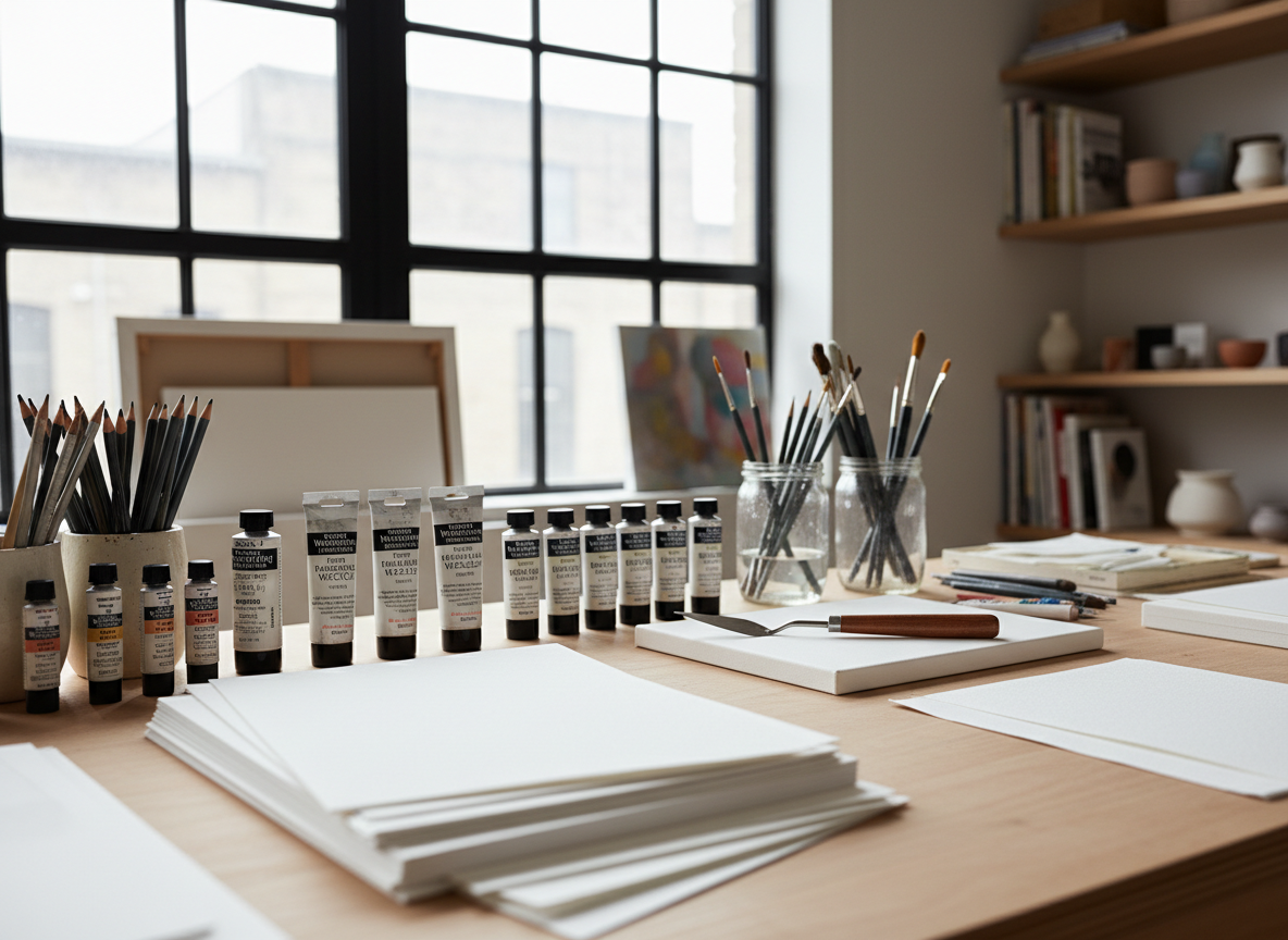 A meticulously arranged studio worktable covered with pristine sheets of heavyweight watercolor paper, neatly aligned tubes of professional paint, sharpened graphite sticks, and a single polished wooden palette knife resting diagonally across a blank canvas panel. The table sits in front of a large, mullioned window in a minimalist loft space, with soft overcast daylight washing gently across the surfaces, creating subtle highlights on metal ferrules and satin reflections on glass jars. The background falls into a tasteful blur of stacked canvases and orderly shelves of materials. Photographic realism, shot at eye level with a shallow depth of field, evokes a sophisticated, contemplative atmosphere suited to a fine art portfolio homepage.