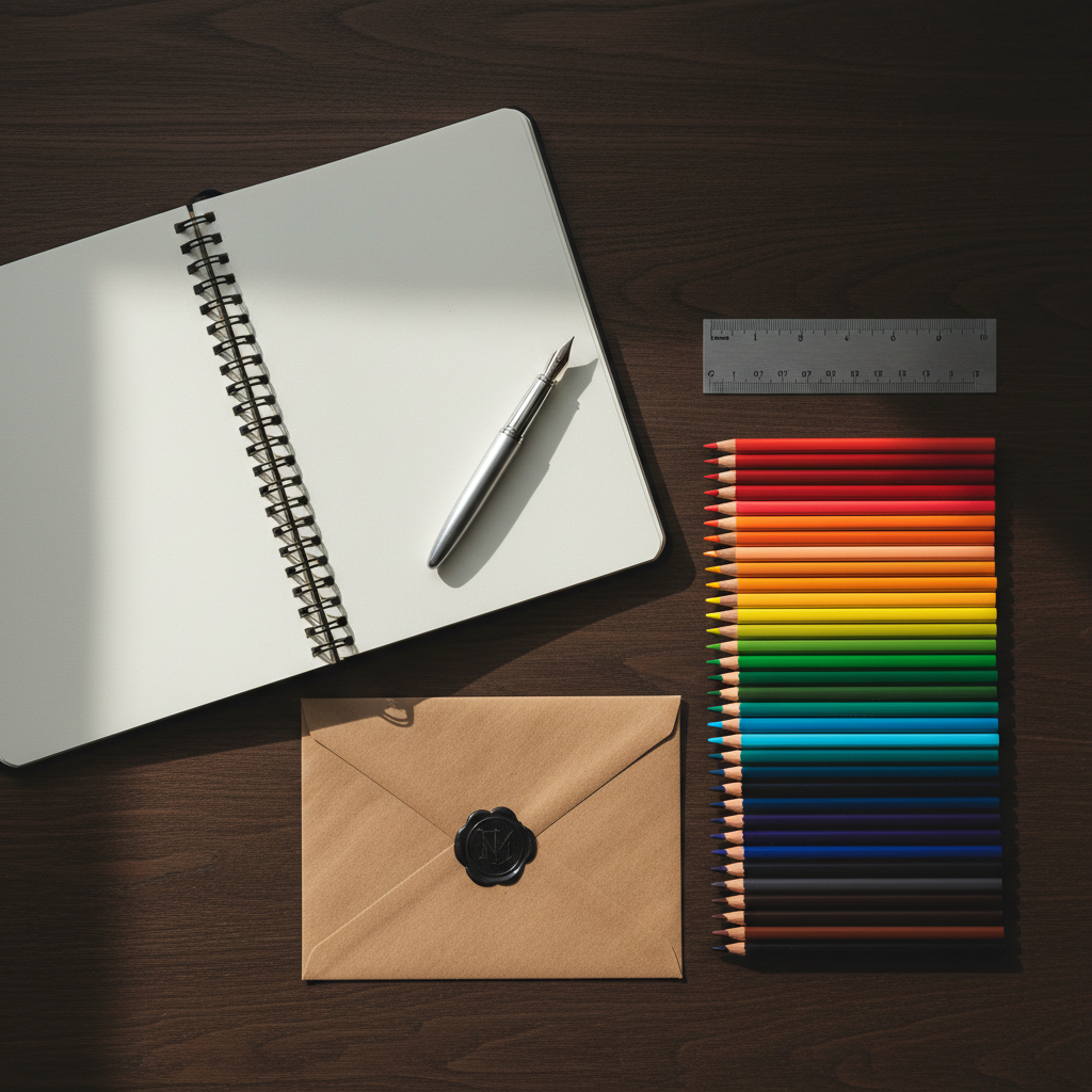 A neatly arranged flat lay of art commission materials on a dark walnut tabletop: a cream-colored sketchbook opened to a blank page, a precise metal ruler, high-end colored pencils ordered by hue, and a sealed kraft envelope with a black wax seal bearing an abstract monogram. A silver fountain pen lies diagonally across the sketchbook, its nib catching gentle, diffused afternoon light from the left. Shadows are soft and elongated, lending a composed, deliberate mood. Shot from a true overhead, photographic-realistic perspective, the composition follows a minimalist, grid-like layout that communicates professionalism, bespoke service, and the sophisticated planning process behind custom art commissions.