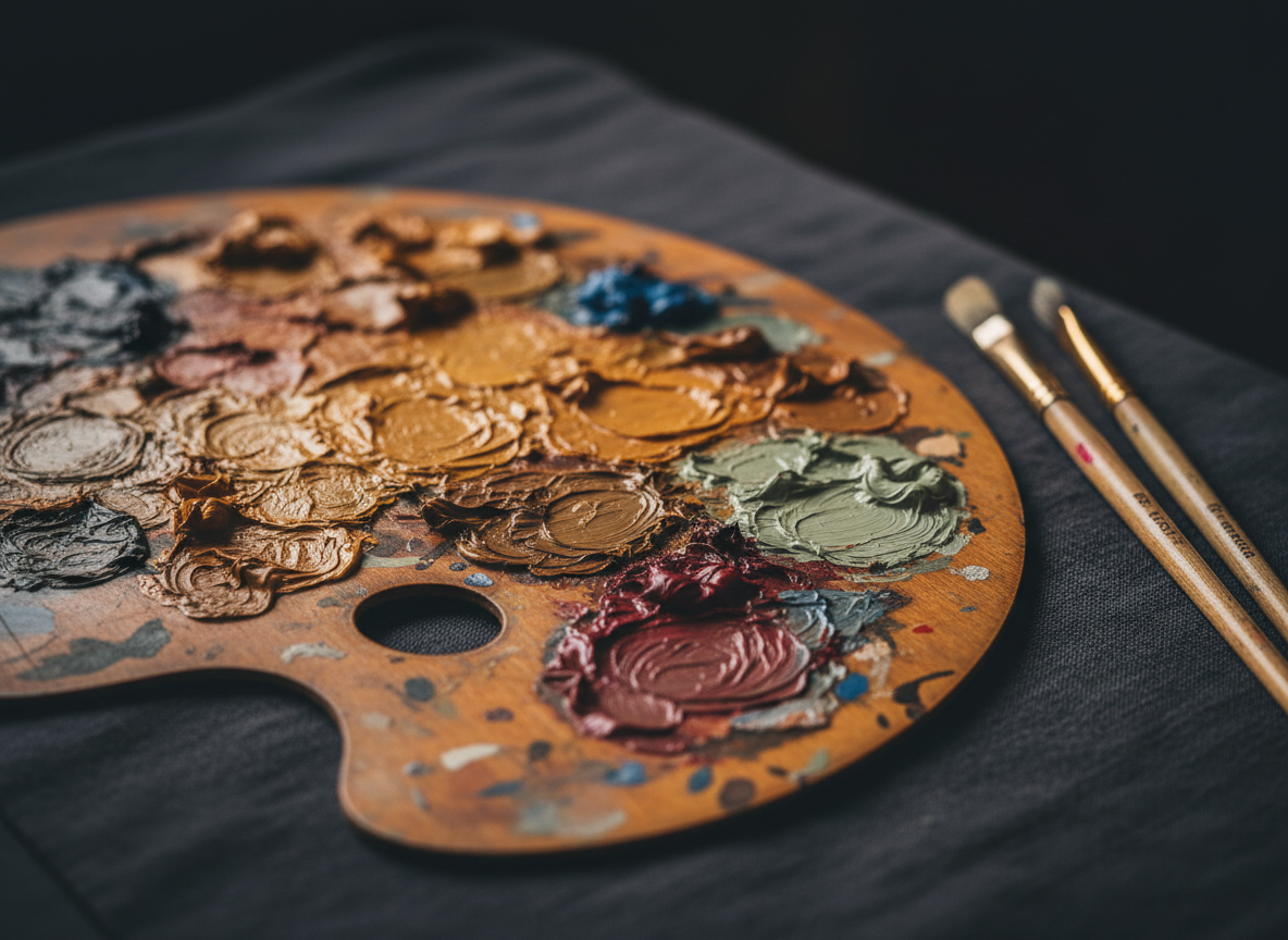 A close-up, photographic-realistic detail of a painter’s wooden palette, its surface richly encrusted with dried and fresh oil paint in nuanced earth tones, deep crimsons, and cool slate blues. Thick, tactile swirls of pigment catch the soft, side lighting from an unseen window, revealing fine cracks, glossy areas, and matte patches. The palette rests on a dark linen-covered table beside partially visible, well-used brushes lying parallel, their bristles stained and slightly splayed. The background is blurred into a velvety darkness, creating a dramatic, intimate mood. Captured from a slightly elevated macro perspective with very shallow depth of field, the composition highlights the sensual materiality and sophistication of the painting process.