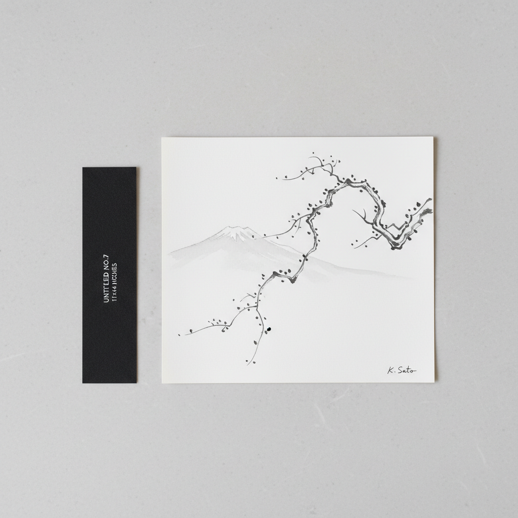 A minimalist product-style photograph of a single, unframed artwork lying on a smooth, pale stone surface. The piece is a refined monochrome ink drawing with delicate, confident lines and generous white space, signed discreetly in the lower corner. To the side, a slim black label card displays an understated title and dimensions, partially blurred but clearly present as a design element. Soft, diffused studio lighting from above eliminates harsh shadows, creating a calm, measured atmosphere. Captured from a slightly elevated angle in photographic realism, the composition is clean and uncluttered, ideal for showcasing individual artworks available for sale in a sophisticated online portfolio.
