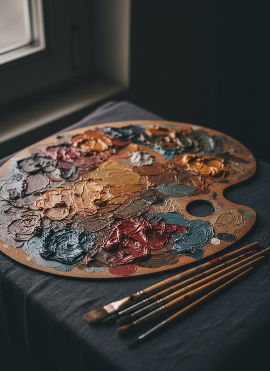 A close-up, photographic-realistic detail of a painter’s wooden palette, its surface richly encrusted with dried and fresh oil paint in nuanced earth tones, deep crimsons, and cool slate blues. Thick, tactile swirls of pigment catch the soft, side lighting from an unseen window, revealing fine cracks, glossy areas, and matte patches. The palette rests on a dark linen-covered table beside partially visible, well-used brushes lying parallel, their bristles stained and slightly splayed. The background is blurred into a velvety darkness, creating a dramatic, intimate mood. Captured from a slightly elevated macro perspective with very shallow depth of field, the composition highlights the sensual materiality and sophistication of the painting process.