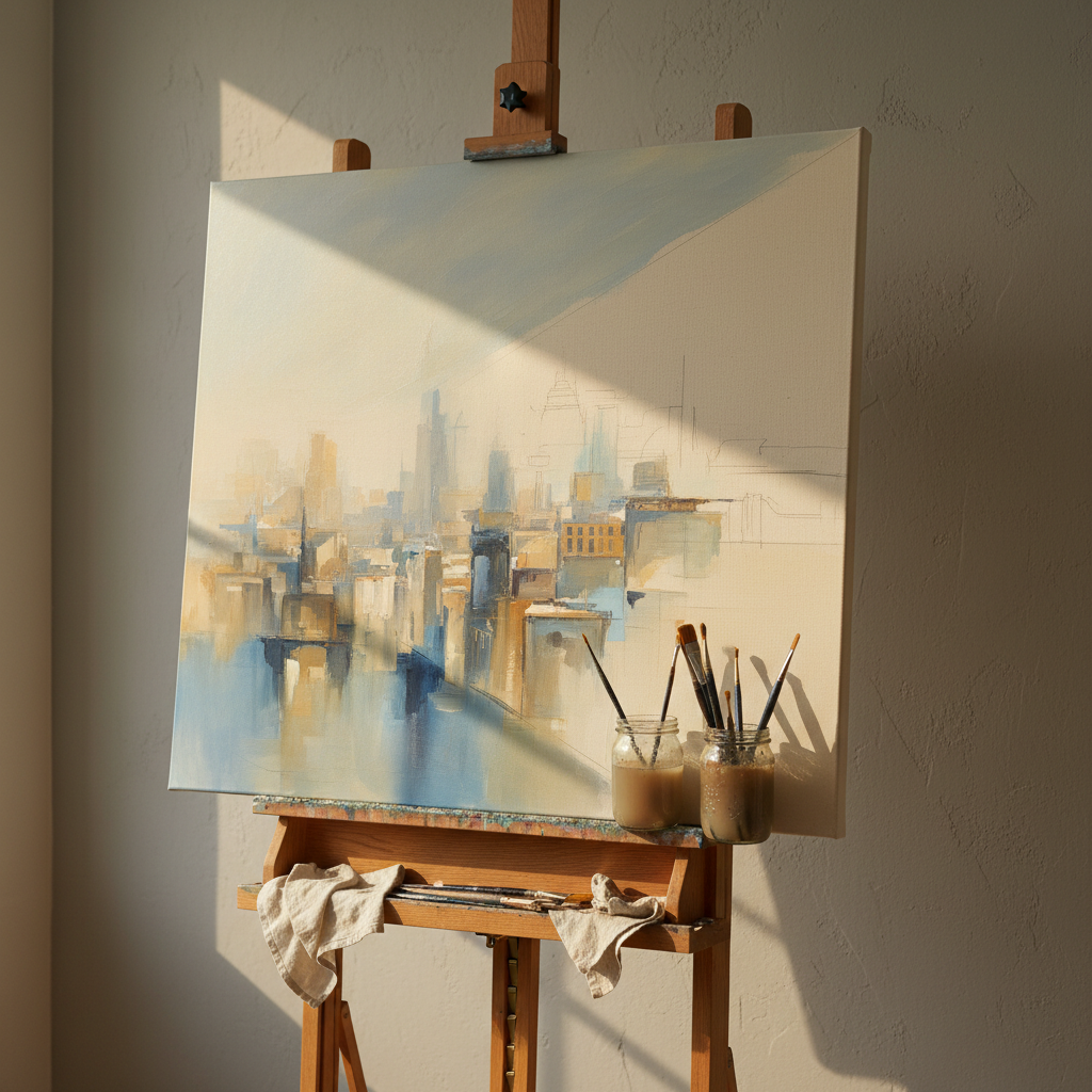 A large, square canvas halfway completed, secured on a sturdy oak easel in front of a textured plaster wall painted in warm, soft gray. The artwork features a refined, semi-abstract cityscape in desaturated blues and warm neutrals, with visible brushstrokes and glazes. At the base of the easel, glass jars of murky rinse water, folded linen rags, and neatly arranged brushes sit on a narrow wooden shelf. Late afternoon golden light streams from a side window, creating a gentle glow along the canvas edge and subtle shadows on the wall. Photographic realism, captured at a slight angle with medium depth of field, conveys a poised, in-progress feel ideal for a “work in progress” or process-focused section.
