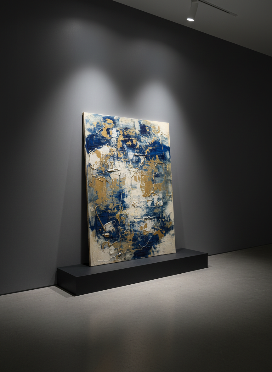 A finished abstract painting on stretched linen canvas leaning against a charcoal-gray gallery wall, its surface alive with layered textures of deep ultramarine, muted gold, and smoky ivory, with delicate scratches and impasto ridges catching the light. The painting is centered on a low, matte-black plinth in an otherwise empty, polished concrete room. Directional gallery spotlights from above create crisp yet refined pools of light, emphasizing the artwork and casting a soft, elongated shadow behind it. Shot from a slightly low, three-quarter angle in photographic realism, the composition feels elegant and museum-like, conveying a sophisticated, collectible quality for a professional art portfolio.