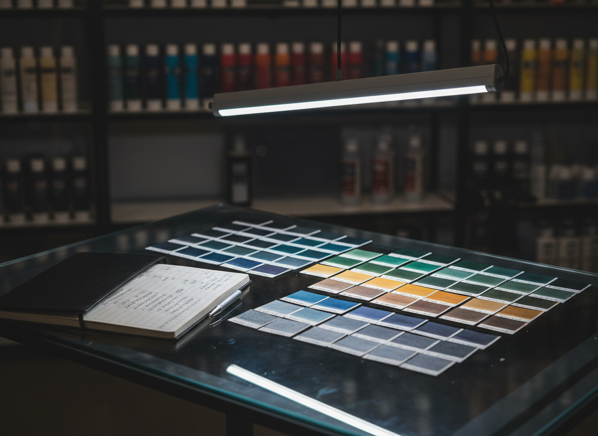 A moody, photographic-realistic close-up of a dark, glass-topped table sprinkled with small, square paint swatches, each bearing carefully brushed gradients of custom-mixed colors labeled with tiny handwritten codes. A sleek, black notebook lies open nearby with precise, ruled columns of pigment notes and mix ratios. Overhead, a single, cool-white pendant casts focused light, creating crisp reflections on the glass and gentle bokeh in the distant background, where shelves of color-organized paints dissolve into softness. Shot from a low, oblique angle with selective focus, the image communicates meticulous color exploration, discipline, and the sophisticated craft behind Andrew David Dutton’s artworks and commissions.