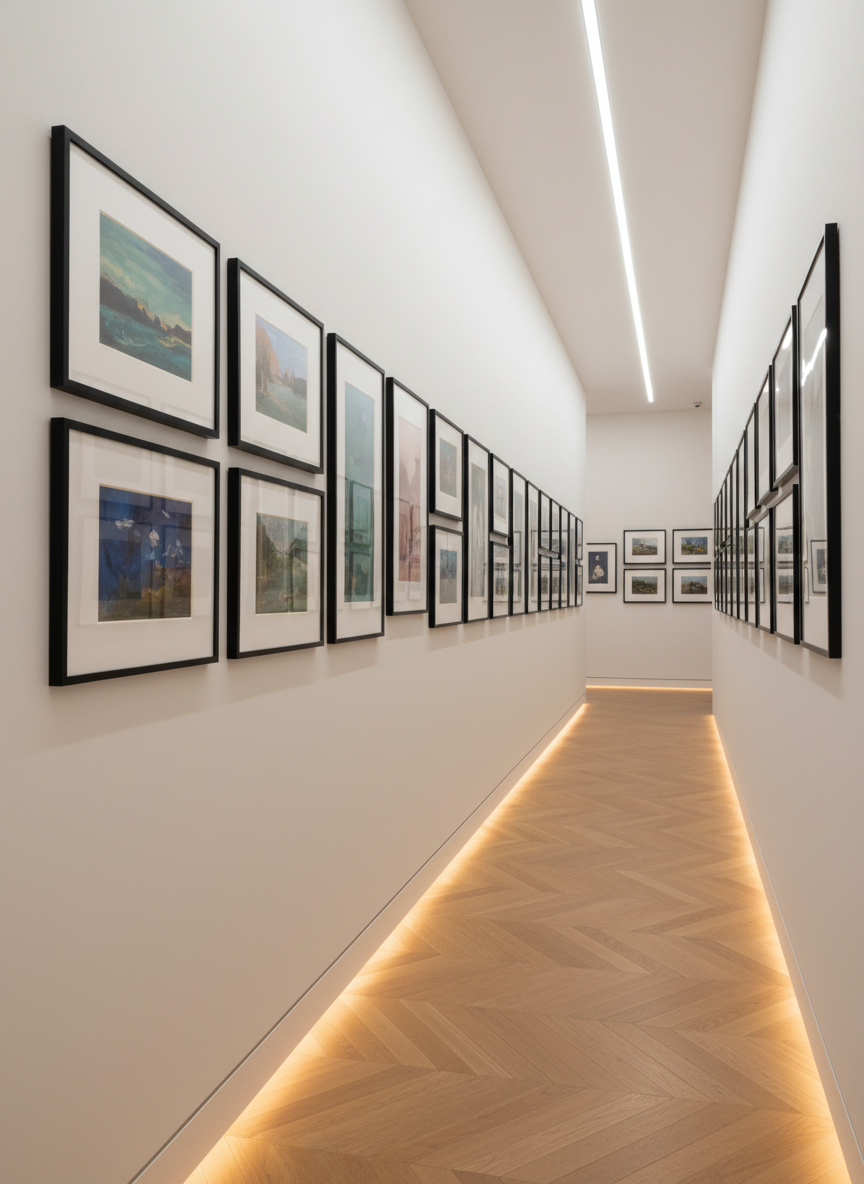 A series of framed artworks displayed along a long, narrow hallway with smooth, off-white walls and warm, herringbone wood flooring. Each frame is slim, matte black with generous white matting, showcasing a variety of refined abstract and landscape pieces in muted jewel tones. Concealed ceiling lights wash the walls with soft, even illumination, while a subtle glow at floor level adds modern elegance. The camera is positioned at one end of the corridor, using a vanishing-point composition that draws the eye along the line of art. Photographic realism, with crisp focus throughout, creates a calm, high-end gallery atmosphere perfect for an online portfolio’s exhibition or collections page.