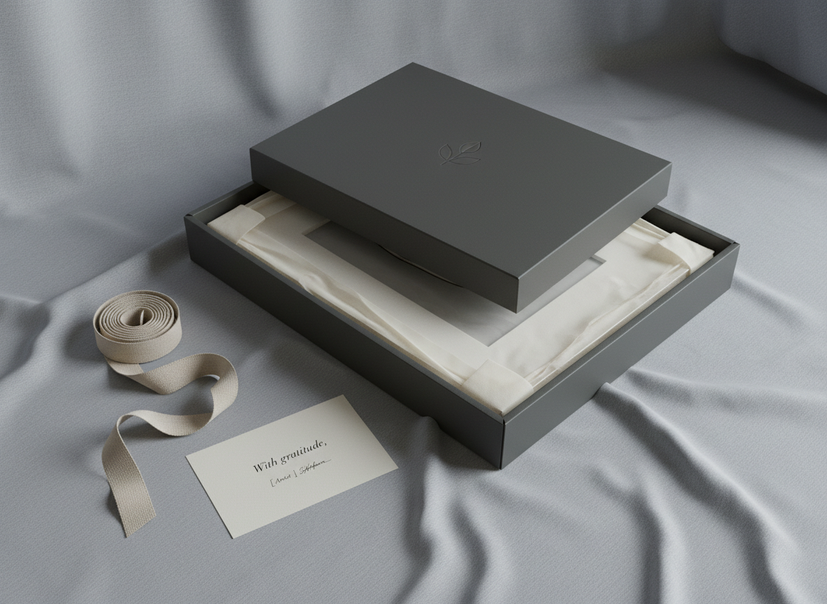 A refined packaging scene featuring a finished artwork carefully wrapped in crisp, off-white tissue paper and partially slid into a custom, matte charcoal shipping box with a subtle embossed logo on the lid. A length of natural cotton ribbon lies gracefully coiled beside the box, and a small, heavyweight thank-you card rests nearby, printed with simple black typography. The arrangement is on a soft, dove-gray fabric backdrop with gentle folds. Cool, diffused studio lighting creates soft gradients and delicate shadows, emphasizing texture without distraction. Photographic realism, shot from a three-quarter overhead angle, conveys meticulous care, premium quality, and a sophisticated client experience for shipped artworks and commissions.